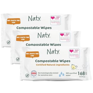 Naty Baby Wet Wipes | Natural, Unscented, 98% Purified Water for Sensitive Skin | Plant-Based & Fragrance-Free | Plastic-Free & Compostable | Gentle Diaper Wipes for Newborns | 168 Count (3 Packs)
