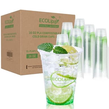 ECOLipak 1000 Count 16 OZ Clear Compostable Plastic Cups, Disposable Plant-Based Biodegradable Drinking Party Cups, PLA Plastic Cold Tumblers for Restaurant, Office, Canteen, Large Gathering