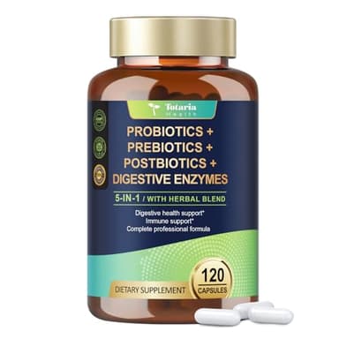 Totaria 5-in-1 Probiotic Prebiotic & Postbiotic for Women Men, 60 Billion CFU 24 Strains w/Digestive Enzymes, Prebiotic Fiber, Slippery Elm, Daily Complete Immune, Gut Health, 120 Day Supply
