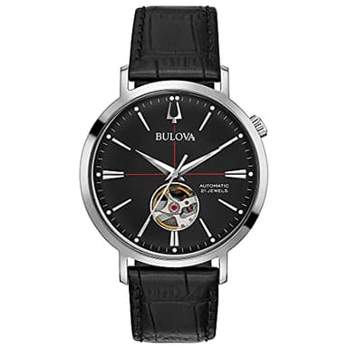 Bulova Men's Classic Aerojet 3-Hand Automatic Leather Strap Watch, Open Aperture, 40-Hour Power Reserve, Double Curved Mineral Crystal, 41mm