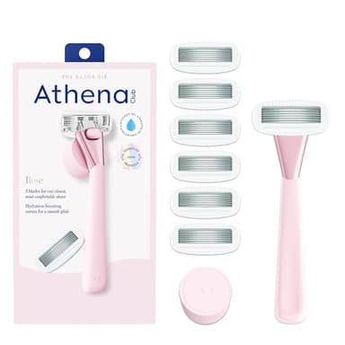 Athena Club Women’s Razor Kit, 5-Blade Cartridge Razor for Sensitive Skin, Serum-Infused Blades with Shea Butter and Hyaluronic Acid, Includes Handle, 6 Refills and Magnetic Shower Hook - Rose