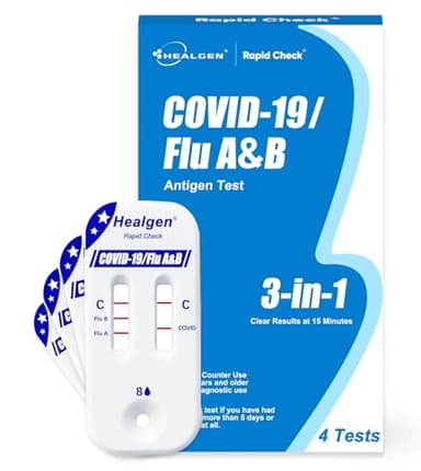 Healgen Rapid Check COVID-19, Flu A&B Antigen Test Kit, The First FDA Authorized OTC 3-in-1 Flu & COVID Home Test, Easy to Read Dual Windows, Results in 15 Mins, 4 Test