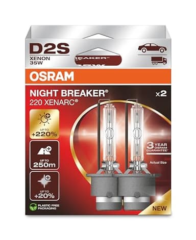 OSRAM Xenarc Night Breaker 220, D2S, 220% More Brightness, Xenon Headlight Bulb, 66240XN2-2HB, Folding Box (2 Lamps)