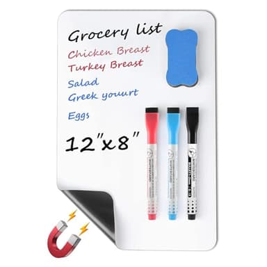 MaxGear Small Magnetic Dry Erase Board Sheet for Refrigerator, Fridge Whiteboard for Kitchen, 12"x8" White Board Organizer and Planner with Stain Resistant Technology, Include 1 Eraser, 3 Markers