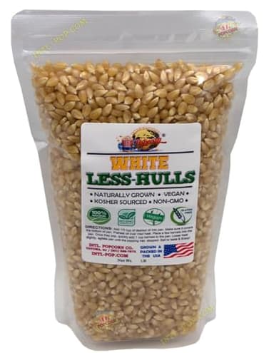 Intl. Popcorn White Hulless (Less Hulls) Premium Popcorn Kernels • Pesticide-Free, Chemical-Free, Glyphosate-Free • USA Grown • All Natural, Vegan, Gluten Free, KOSHER • Low Calorie High Fiber Snack • Perfect for Movie Night • 1.9lb