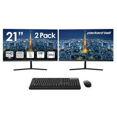 Packard Bell airFrame 21" FHD Monitors + Wireless Keyboard & Mouse, VESA Mount Compatible, HDMI/VGA, Tilt, Slim Bezel, for Home, Office, Light Gaming – 2 Pack