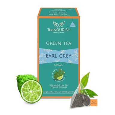 TeaNOURISH Earl Grey Green Tea | 20 Count Pyramid Tea Bags | Darjeeling Whole Leaf Tea Enriched with Natural Bergamot Extract | 100% NATURAL INGREDIENTS
