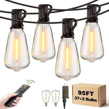 LCLAMARCES Outdoor String Lights Dimmable Waterproof with Remote, 95FT 37 Shatterproof ST38 Edison LED Bulbs Hanging Outside Light for Patio, Backyard, Porch, Deck, Balcony, Garden