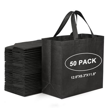 JERIA 50 Pack Black Reusable Totes Bag with Reinforced Handles Non Woven Bulk Shopping Bags