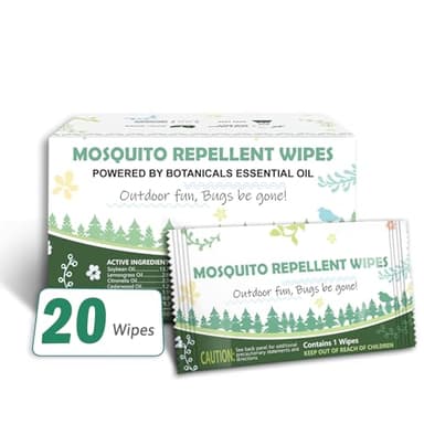 Natural Mosquito Repellent Wipes, DEET Free Insect & Bug Repellent Wipes, Easy to Use, Long Lasting, Travel Sized, 20 Packs