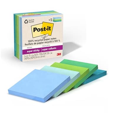 Post-it 100% Recycled Paper Super Sticky Notes, 3 in. x 3 in., 5 Pads, 70 Sheets per Pad, Oasis Collection, New Year Organization or Second Semester School Supplies