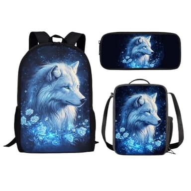 Showudesigns Rose Wolf Backpack for Girls 10-12 12-14 Middle School Bag Lunch Box Set Pencil Case Kids Bookbag 6Th/7Th Grade Teens School Bag 17 Inch Back Pack Casual Daypack Rucksack
