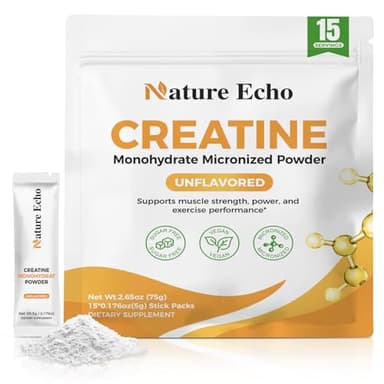 Nature Echo Creatine Monohydrate Micronized Powder - 15 Single-Serve Travel Packs 5g - Clean, Unflavored Creatine for Men & Women to Muscle Growth, Vegan, Gluten-Free, no Sugar