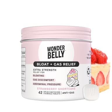 Wonderbelly Bloat + Gas Relief, Extra Strength Chewable Tablets, with 125 mg Simethicone, No Talc or Dye, Strawberry Shortcake, 42 Count