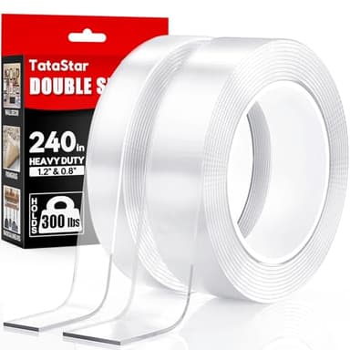 Double Sided Tape Heavy Duty (2 Rolls, 20 Feet) - Removable Waterproof Nano Mounting Filament Tape, 1.2" & 0.8" Width for Picture Hanging, Wall Decor, Posters, Carpets, Rugs - Indoor & Outdoor Use.