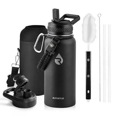 RAYMYLO Insulated Water Bottle 32 oz, Triple Wall Vacuum Stainless Steel (Cold for 48 Hrs), Leak Proof & Non-BPA, Modern Water Flask Jug with Paracord Handle & Straw Spout Lids, Magic Black