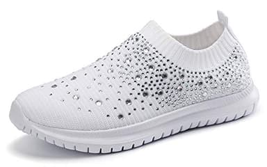 GOSPT Women's Mesh Walking Shoes Rhinestone Glitter Slip On Ballroom Jazz Latin Dance Sock Sneakers White 7.5