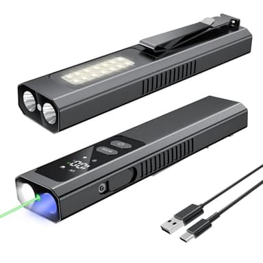 SSPONT EDC Flashlight 4 in1 Magnetic Flashlight High Lumens Work Light with Green Beam & UV & Warning Light Combo EDC Flashlight Rechargeable LT-010 (Black)