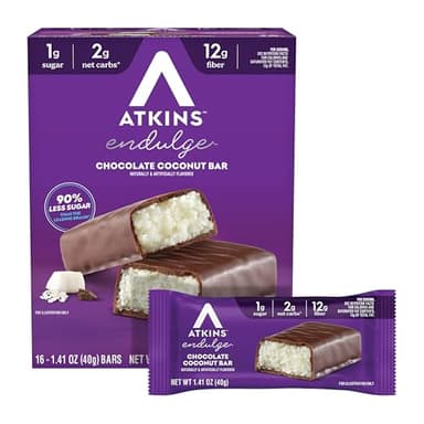 Atkins Endulge Chocolate Coconut Flavored Snack Bar, 1g Sugar, 12g Fiber, Low Sugar Snack, High Fiber Bars, Keto Friendly Treat, 16 Count