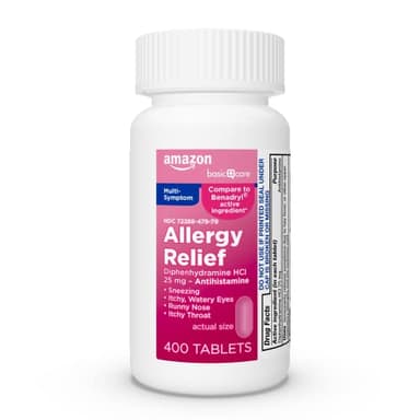 Amazon Basic Care Complete Allergy Relief, Diphenhydramine HCl 25 mg, Easy to Swallow Mini-Tabs, Relieves Sneezing, Itchy Eyes, Runny Nose, Itchy Throat, 400 Count