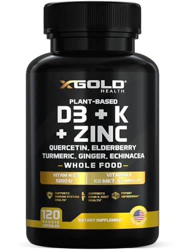 Vitamin D, K2, K1, Zinc, Quercetin, Elderberry, Turmeric, Ginger & Echinacea Whole Food Supplement 8 in 1- D3 5000 IU Plant-Based from Lichen, Vitamin K (K2 MK7, MK4, K1), D3 K2 Vitamins -120 Capsules