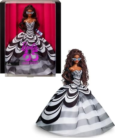 Barbie Signature Doll, 65th Anniversary Collectible with Brown Braided Hair, Black & White Gown, Sapphire Gem Earrings & Sunglasses
