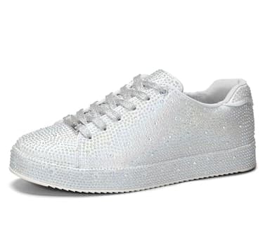LUCKY STEP Platform Rhinestone Fashion Glitter Sneakers | Sparkly Bling Bedazzled Wedding Bridal Shiny Shoes for Women (Silver Rhinestone, Adult, Women, 8.5, Numeric, US Footwear Size System, Medium)