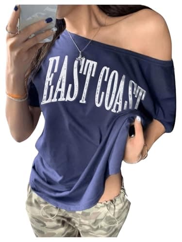 RoseSeek Women's Off The Shoulder Tops Letter Print Oversized Graphic Tees Vintage Y2k 90s Outfits Trendy Blue M