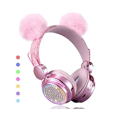 KORABA Wireless Girls Headphones Bluetooth, LED Light up Color Changing Kids Headphones with MIC, 10 Hours Anime Cute Headsets for School,Parties (Pink)