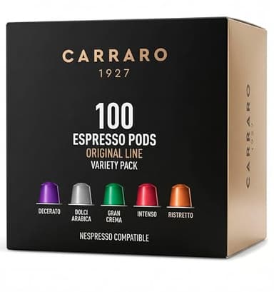 CARRARO Variety Pack - 100 Espresso Capsules Compatible with Nespresso Original Line Machines - Medium & Dark Roast Coffee Pods, Aluminum Capsules 10 Packs, Made in Italy (Premium Gift Box Not Included)