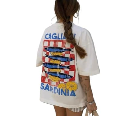 Cute Strawberry Beach Shirts Oversized Graphic Tees Women Short Sleeve Y2k Summer Tops 2000s Aesthetic Preppy Clothes (Fish Blue,Medium)