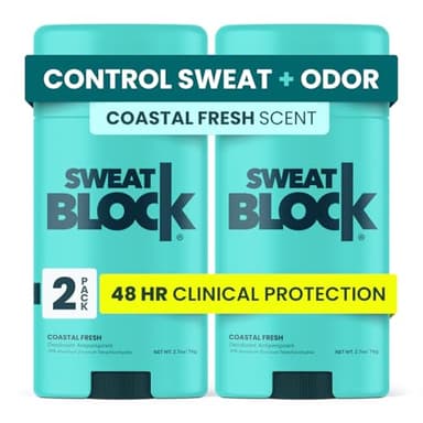 SweatBlock Clinical Strength Deodorant and Antiperspirant for Men and Women Coastal Fresh Scent 2 Pack 48 Hour Protection Against Odor and Excessive Sweat Ideal for Active Lifestyles and Daily Use