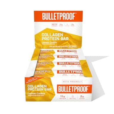 Bulletproof Lemon Cookie Collagen Protein Bars, Pack of 12, Keto-Friendly Snack with MCT Oil, Grass-fed Collagen, No Added Sugar