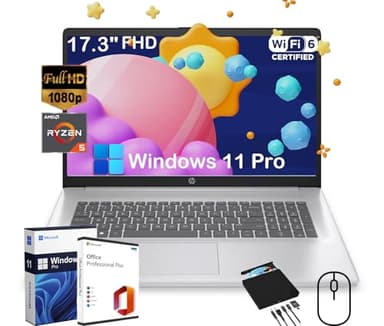HP 17.3" FHD Laptop for Business and Students - with External CD/DVD Drive & Office Lifetime License, AMD Ryzen 5 7430U (6-core), 250 Nits IPS Display, Webcam, Wifi6, Win 11 Pro (16GB RAM | 512GB SSD)