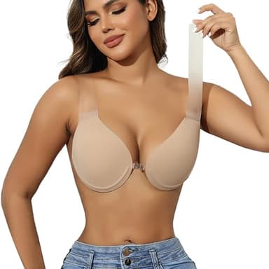 Jcvine Strapless Sticky Push Up Bra for Large Breasts,Backless Adhesive Invisible Bra for Dress (US, Cup Band, D) Beige