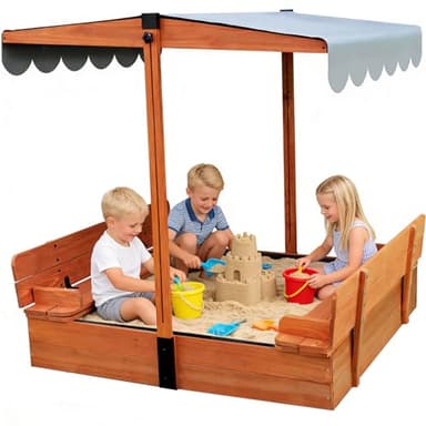 Kids Wooden Sandbox with Lid for Ages 4-8, Sand Box with Cover and Canopy, Outdoor Sand Pit with 2 Foldable Bench Seats, Retractable Roof, Bottom Protection Liner, for Backyard Garden Beach, 47x47inch