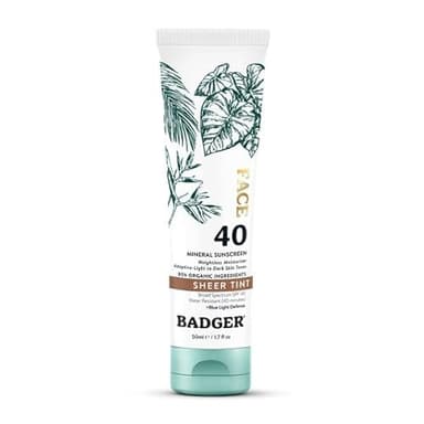 Badger Tinted Sunscreen for Face SPF 40, Lightweight Tinted Mineral Sunscreen w/Sheer Tint Warm Finish for Light or Dark Skin, No White Cast, 80% Organic, Vegan, Water Resistant, Unscented, 1.7 fl oz