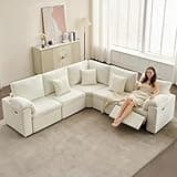 Siiejia Power Reclining Sectional Sofa, Chenille L Shaped Couch with 2 Recliners and Consoles, 5 Seats Sectional Modular Couch with Removable Armrest Pillows for Living Room Home Theater, White