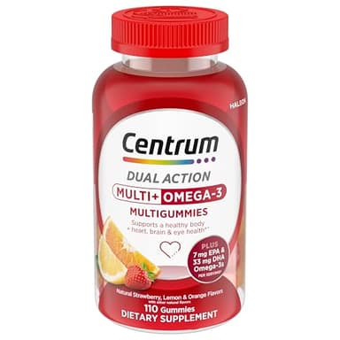 Centrum MultiGummies Multi+ Omega 3 Dual Action, Adult Multivitamin, Multivitamin/Multimineral/Omega 3 Supplement, Strawberry/Lemon/Orange Flavors - 110 Count