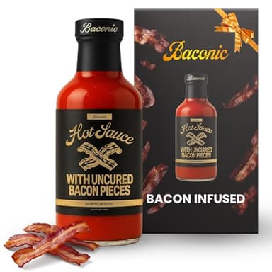 Baconic Bacon Infused Hot Sauce with Real Bacon Bits - Spicy, Zero Sugar, Keto-Friendly, No Seed Oils - Bold Flavor in 12oz Glass Bottle - Perfect for Tacos, Wings, Burgers & More | Best Hot Sauce