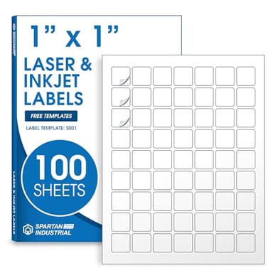 1" X 1" Matte White Printable Labels (100 Sheets, 6300 Stickers) Custom Stickers, Logo and Barcode Stickers for Laser & Inkjet Printers - Spartan Industrial Template S001