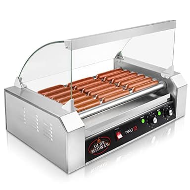 Olde Midway Electric 18 Hot Dog 7 Roller Grill Cooker Machine with Cover 900-Watt - Commercial Grade