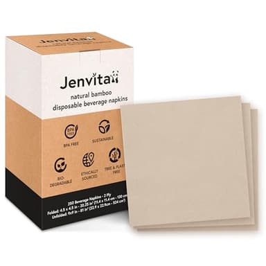 Jenvita 100% Bamboo Wedding Cocktail Napkins Disposable (250 Pack) | 2-Ply FSC Certified | Compostable Bar Napkins for Party, Home or Commercial Use | 4.5 x 4.5 Inch Folded | Ideal for Serving Drinks