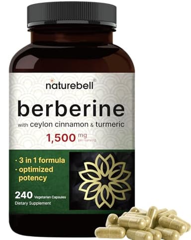 NatureBell Berberine Supplement 1,500mg with Ceylon Cinnamon & Turmeric Root, 240 Veggie Capsules | 97% Pure Berberine HCL | Supports Balanced Sugar Levels & Heart Health | Vegan, Non-GMO