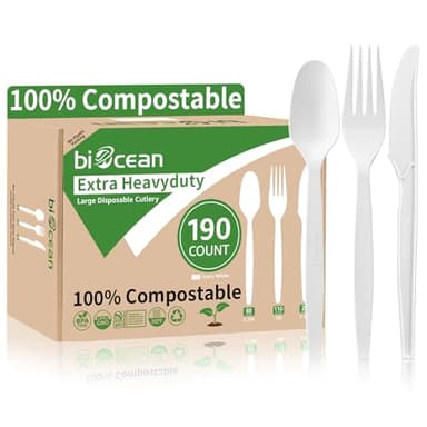 Biocean Extra Heavyduty Compostable Cutlery Set - 190 Count Large Disposable Utensils No Plastic Forks Spoons Knives Biodegradable Fork Eco Friendly Silverware for Party,BBQ,Daily Use,Events,Picnic