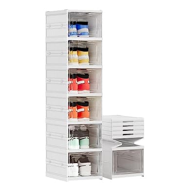 Harmon Wandyer Shoe Storage Organizer Box 6-Tier Foldable Collapsible Stackable Shoe Rack Bins, Fit Size 12, No Assembly, for Men and Women