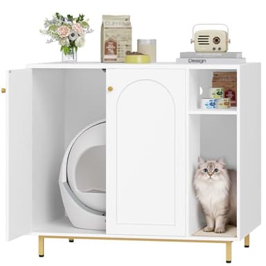 Hzuaneri Extra Large Cat Litter Box Enclosure, Automatic Litter Box Furniture with Scratch Pad, Wooden Modern Self-Cleaning Cat Cabinet with Storage, Cats House, End Table, White and Gold CB87103G