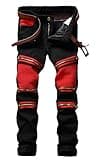 Enrica Men's Ripped Straight Slim Moto Biker Jeans (34, Black&Red)