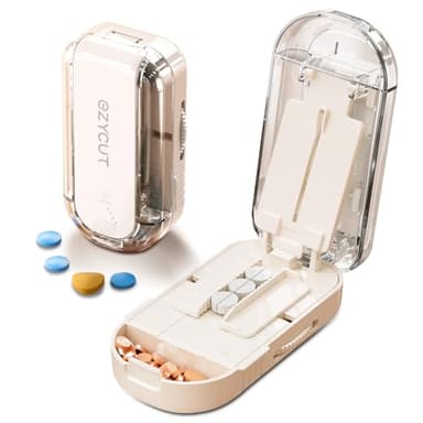 Multi-Pill Cutter with Replaceable Blades & Safety Guard – Precision Splitter for Small to Large Tablets. (Beige)