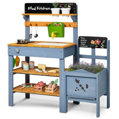Frogprin Mud Kitchen for Kids, Outdoor Play Kitchen with Planter Box, mud Kitchen Accessories, Gardening Tool Toy Set, Removable Sink Faucet, Wooden Pretend Kitchen for Boys Girls 3+ Indoor